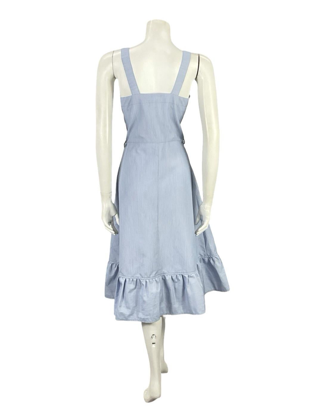 VTG 70S BLUE WHITE PINSTRIPE RIC RAC SWEETHEART RUFFLE STRAPPY SWING DRESS 10