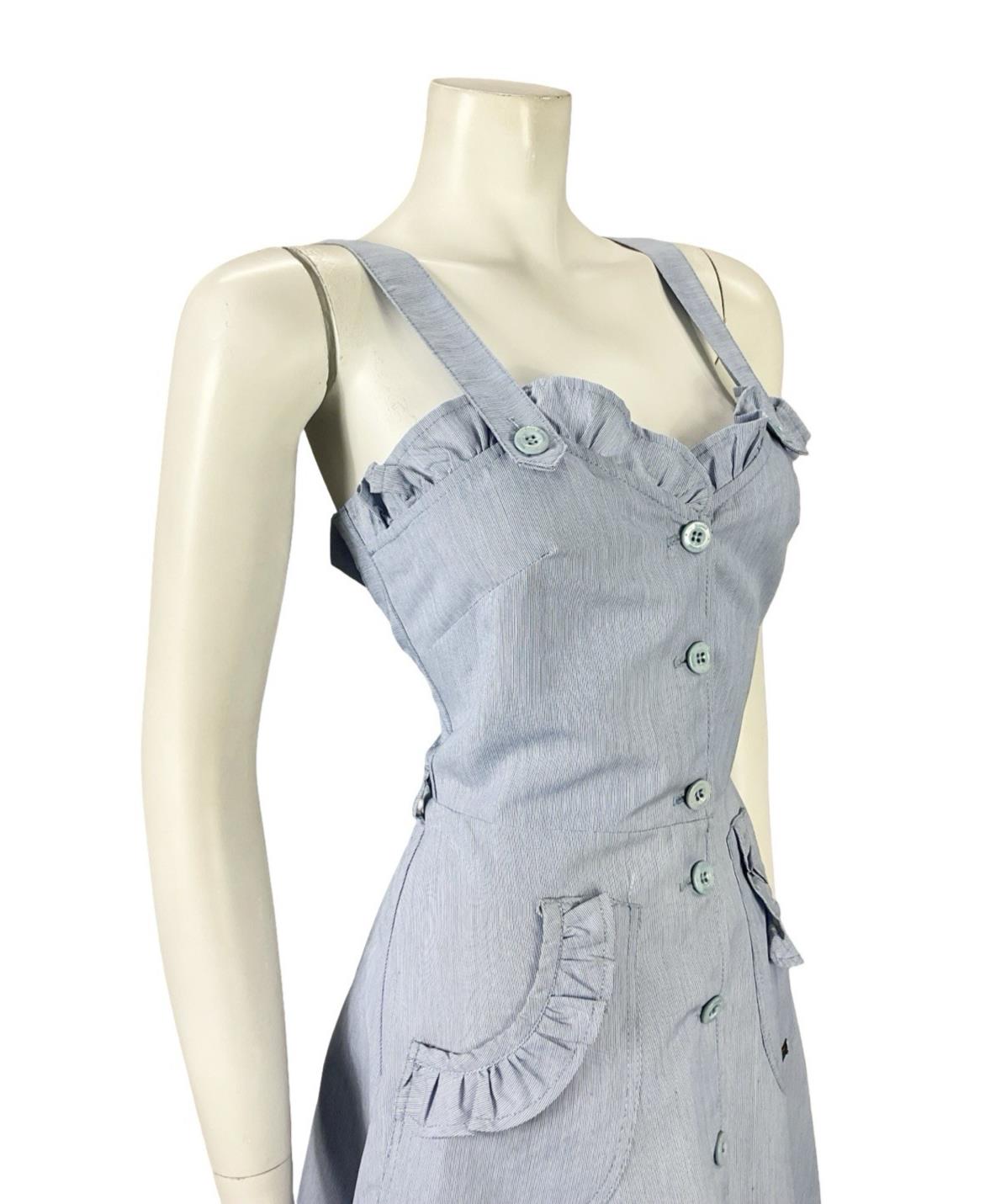 VTG 70S BLUE WHITE PINSTRIPE RIC RAC SWEETHEART RUFFLE STRAPPY SWING DRESS 10
