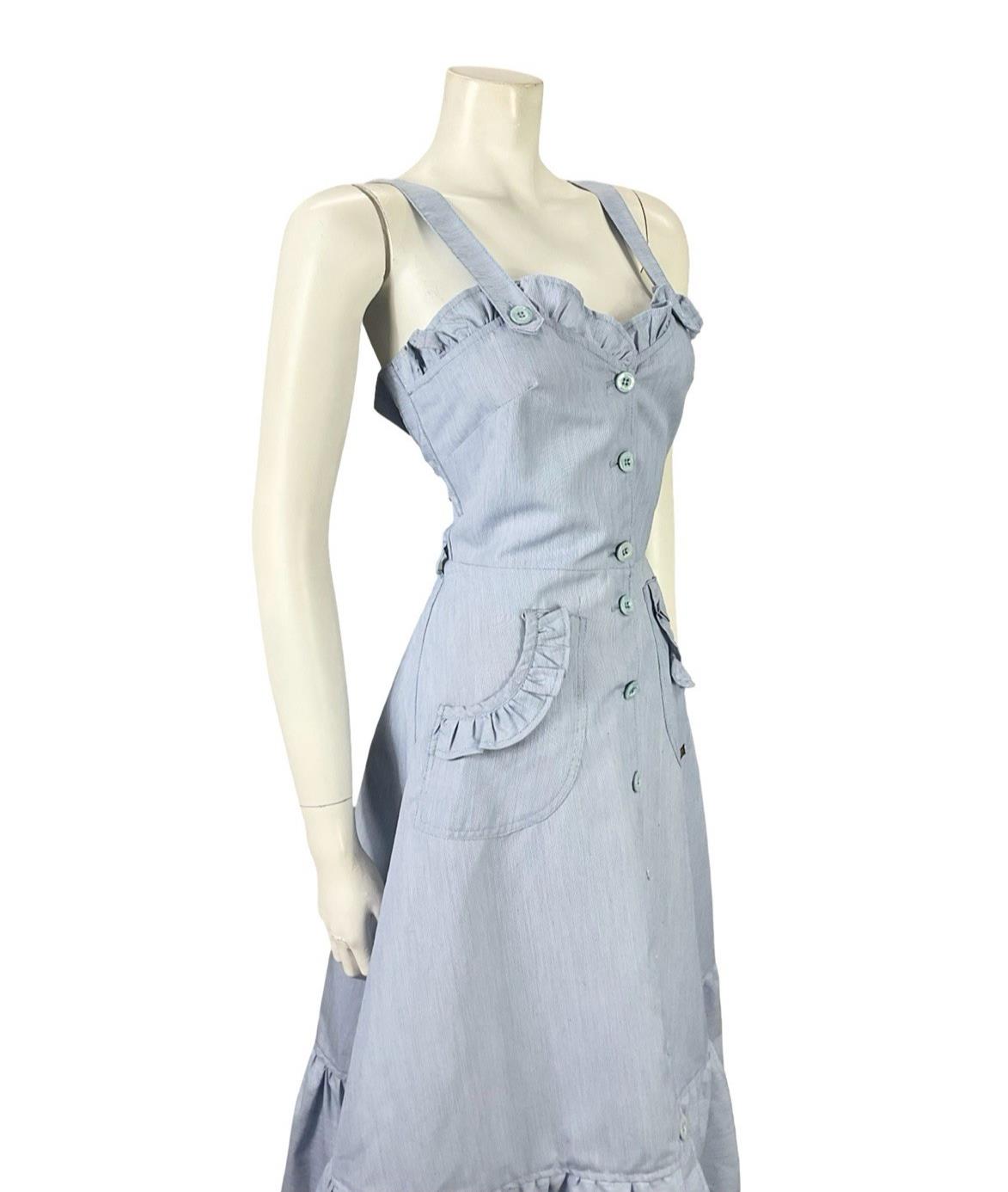 VTG 70S BLUE WHITE PINSTRIPE RIC RAC SWEETHEART RUFFLE STRAPPY SWING DRESS 10