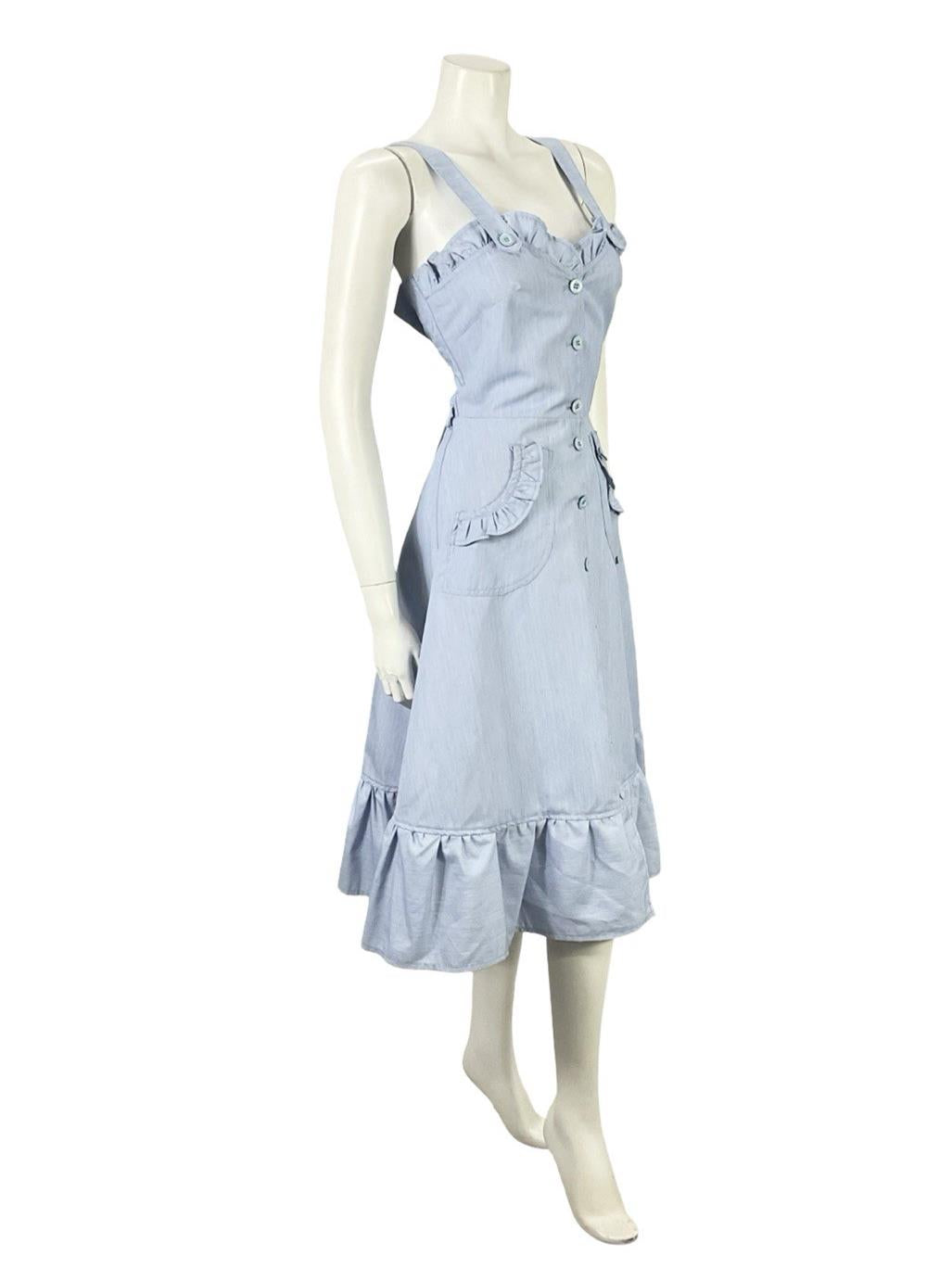 VTG 70S BLUE WHITE PINSTRIPE RIC RAC SWEETHEART RUFFLE STRAPPY SWING DRESS 10