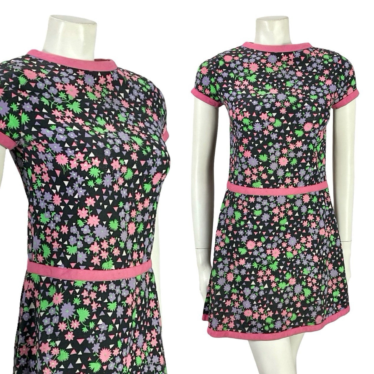 VTG 60S BLACK PINK PURPLE WHITE MOD GOGO FLORAL GEOMETRIC DROP WAIST DRESS 4 6