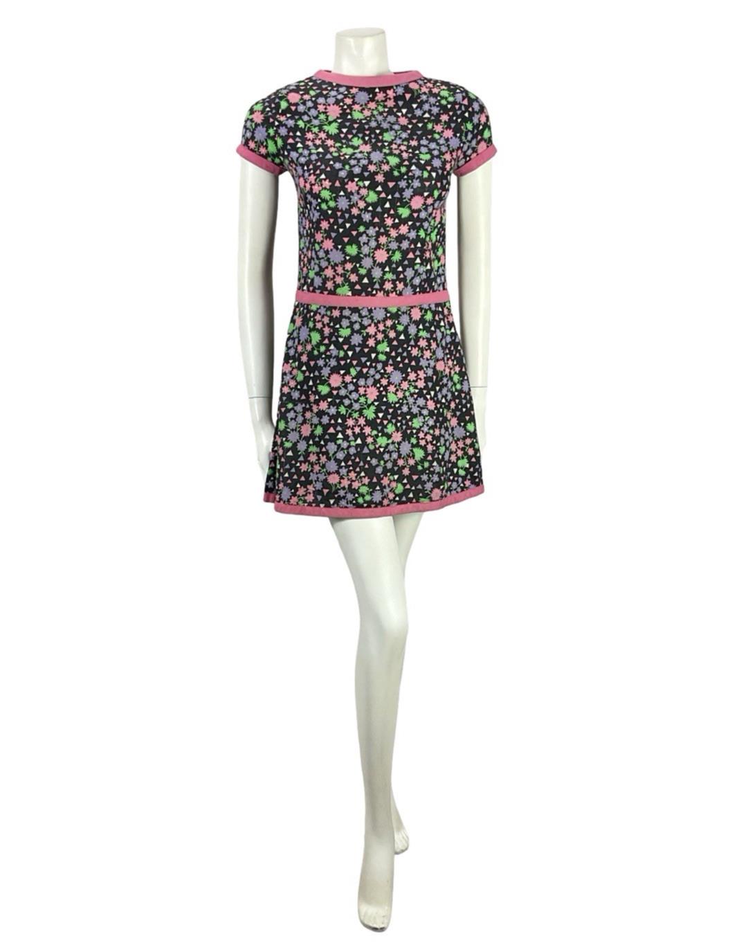 VTG 60S BLACK PINK PURPLE WHITE MOD GOGO FLORAL GEOMETRIC DROP WAIST DRESS 4 6