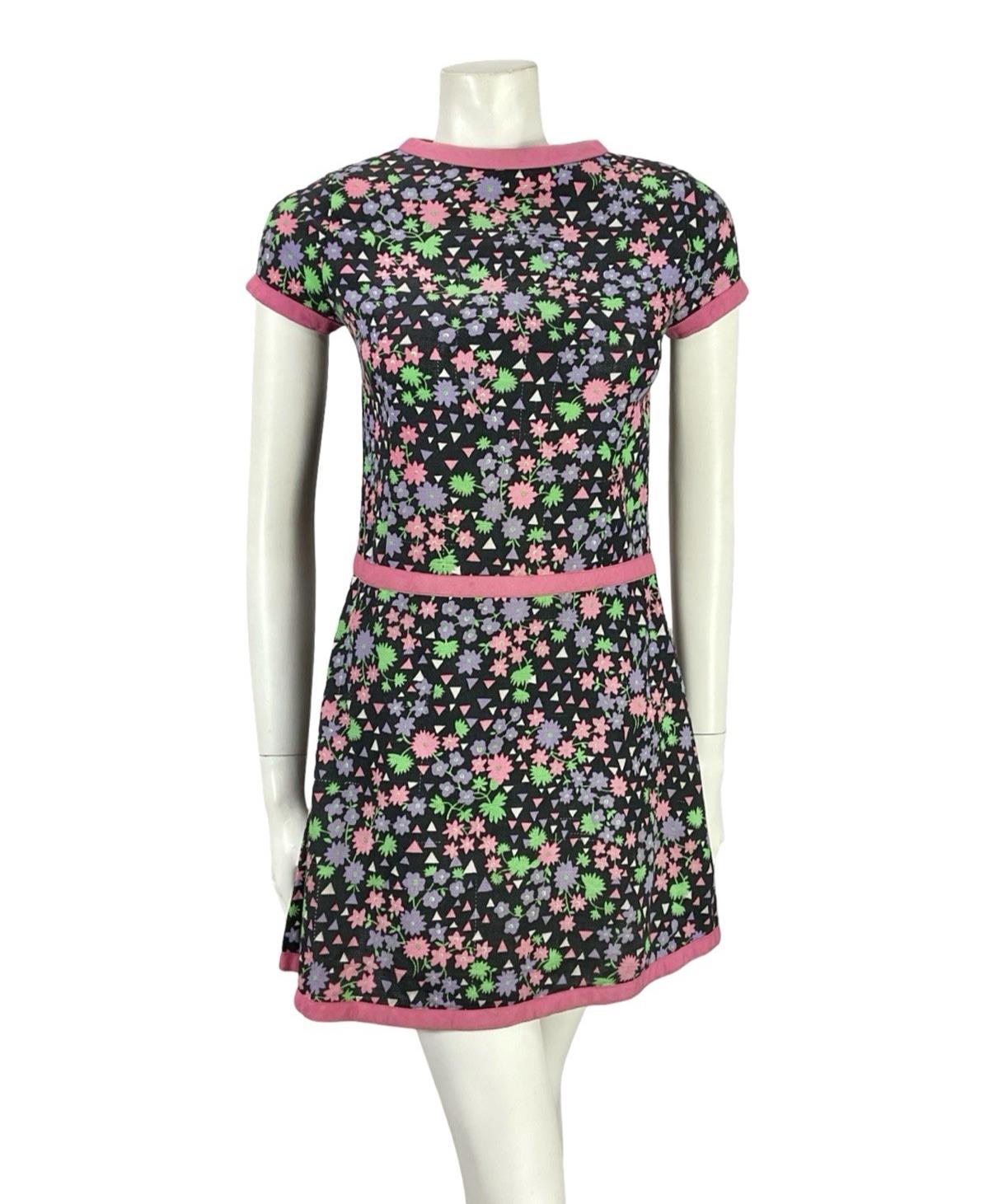 VTG 60S BLACK PINK PURPLE WHITE MOD GOGO FLORAL GEOMETRIC DROP WAIST DRESS 4 6
