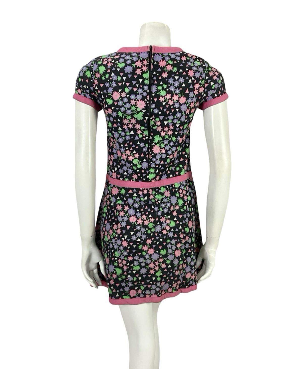 VTG 60S BLACK PINK PURPLE WHITE MOD GOGO FLORAL GEOMETRIC DROP WAIST DRESS 4 6