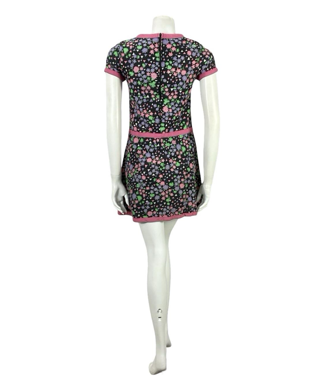 VTG 60S BLACK PINK PURPLE WHITE MOD GOGO FLORAL GEOMETRIC DROP WAIST DRESS 4 6