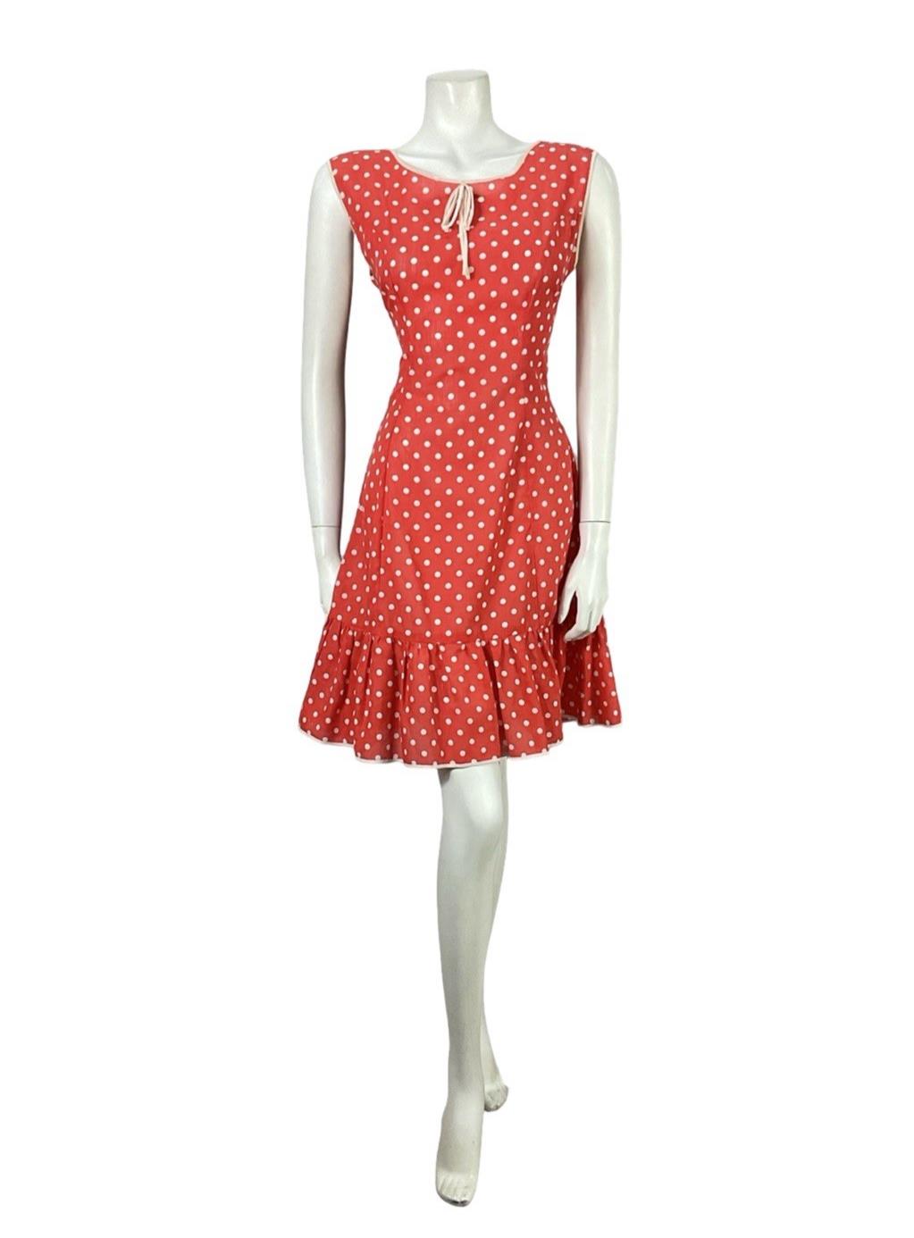 VTG 60S 70S RED WHITE POLKA DOT RIC RAC MOD RUFFLE BOW A LINE DRESS 10