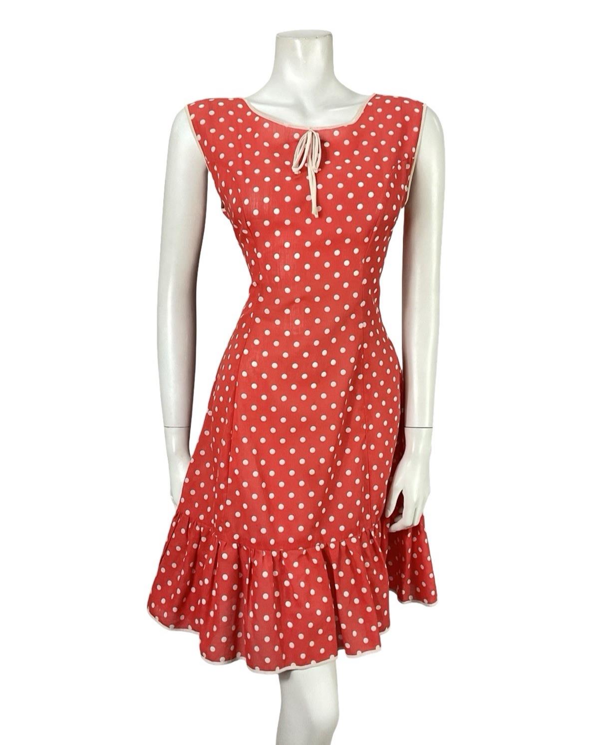 VTG 60S 70S RED WHITE POLKA DOT RIC RAC MOD RUFFLE BOW A LINE DRESS 10