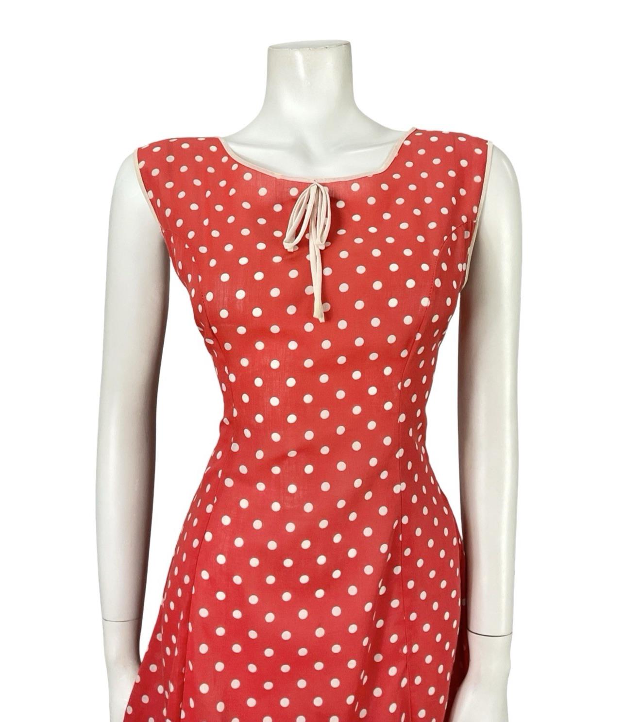 VTG 60S 70S RED WHITE POLKA DOT RIC RAC MOD RUFFLE BOW A LINE DRESS 10