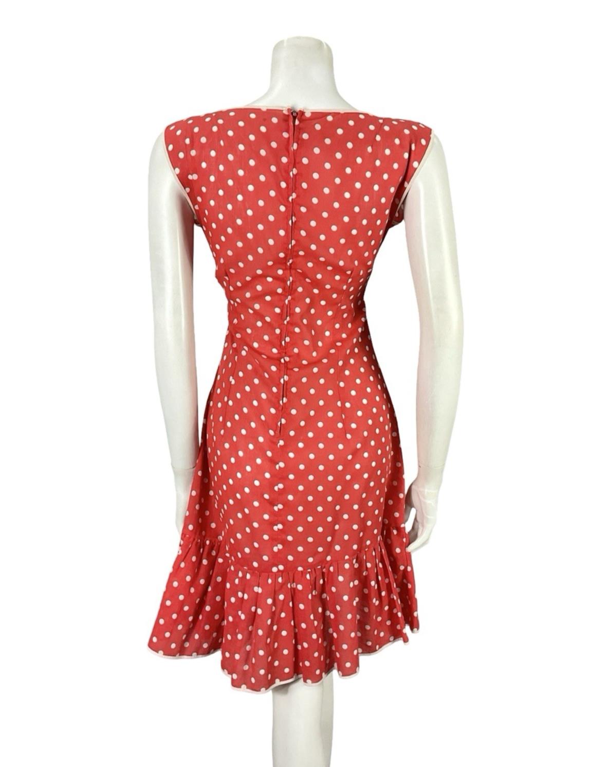 VTG 60S 70S RED WHITE POLKA DOT RIC RAC MOD RUFFLE BOW A LINE DRESS 10