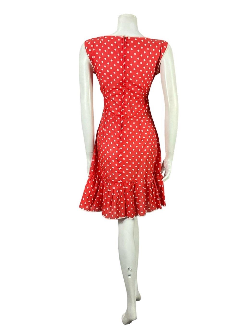 VTG 60S 70S RED WHITE POLKA DOT RIC RAC MOD RUFFLE BOW A LINE DRESS 10