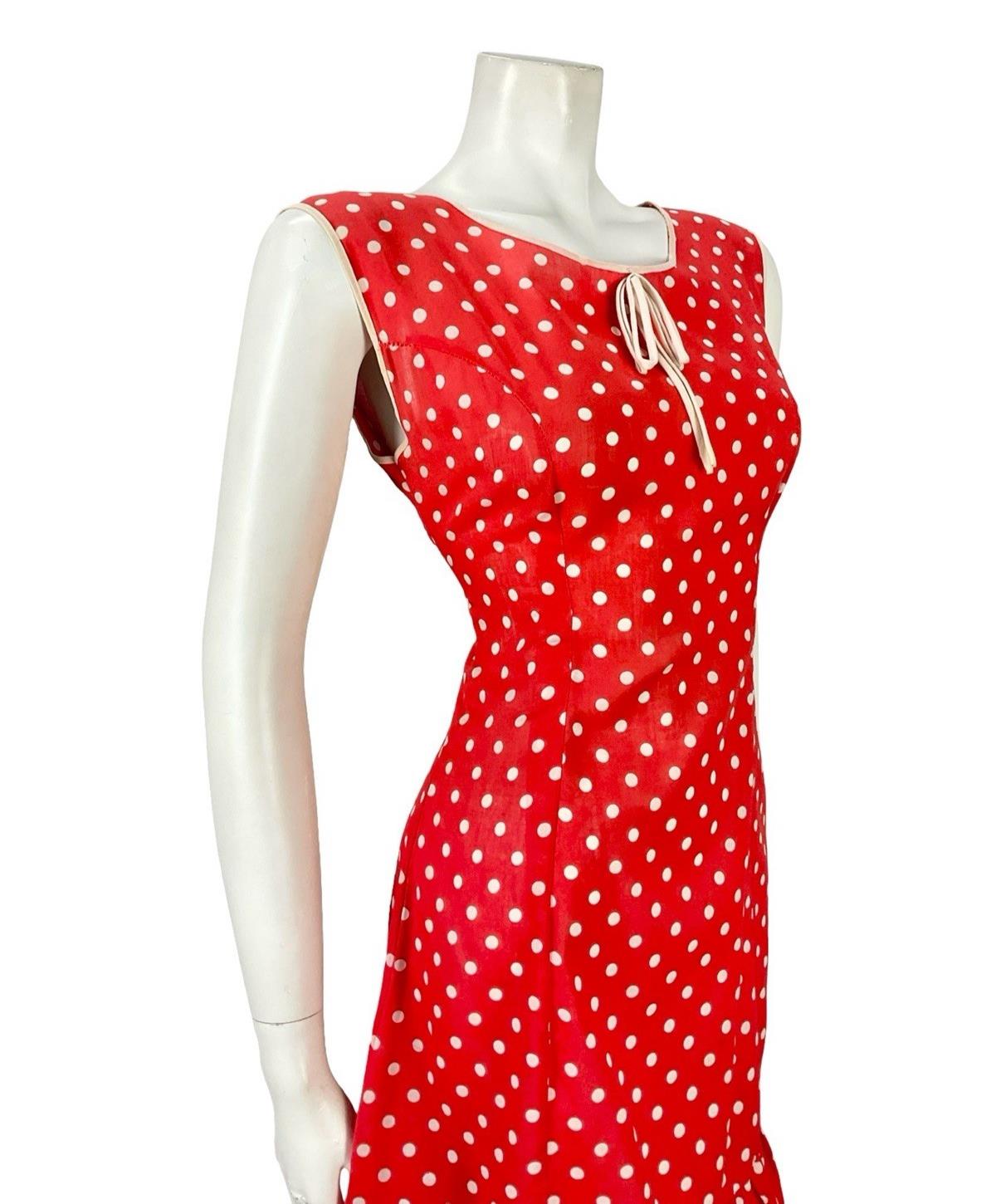 VTG 60S 70S RED WHITE POLKA DOT RIC RAC MOD RUFFLE BOW A LINE DRESS 10