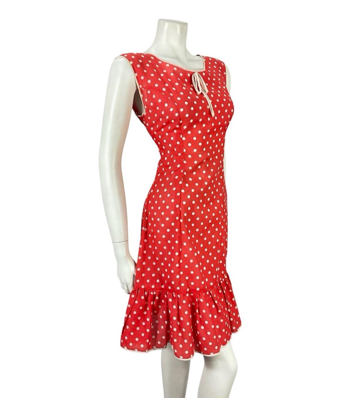 VTG 60S 70S RED WHITE POLKA DOT RIC RAC MOD RUFFLE BOW A LINE DRESS 10