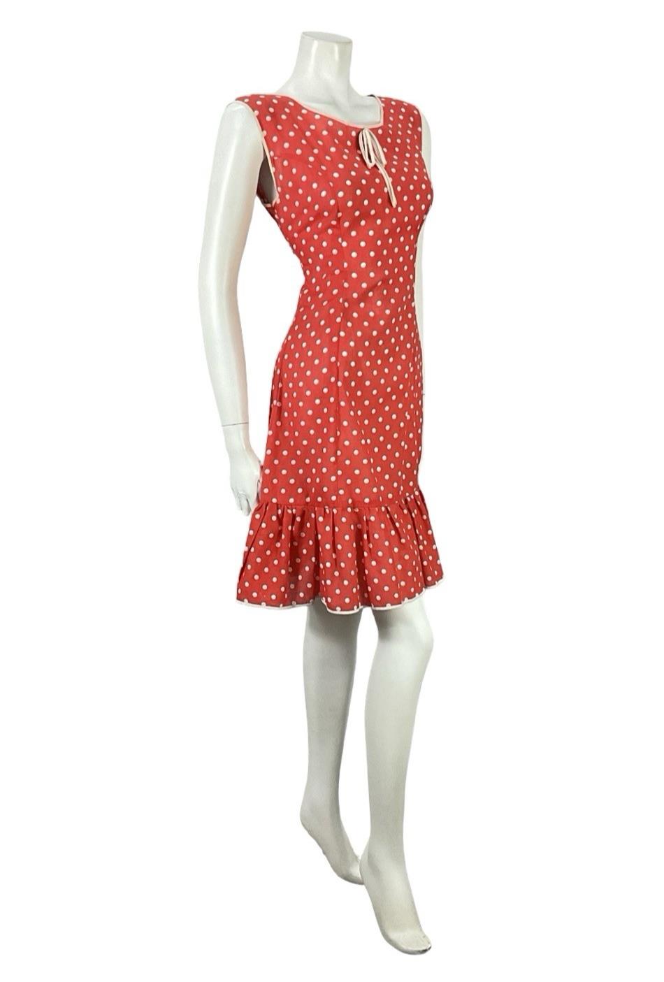VTG 60S 70S RED WHITE POLKA DOT RIC RAC MOD RUFFLE BOW A LINE DRESS 10