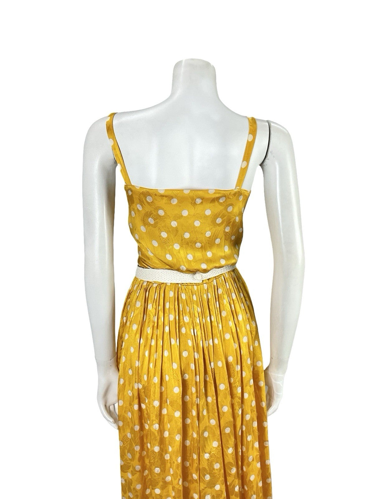 VTG 70S YELLOW GOLD CREAM ART DECO POLKA DOT FLORAL DAMASK STRAPPY DRESS XS 6