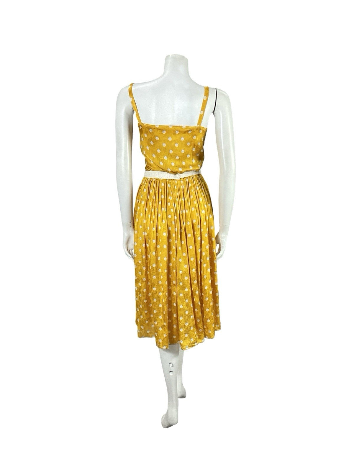 VTG 70S YELLOW GOLD CREAM ART DECO POLKA DOT FLORAL DAMASK STRAPPY DRESS XS 6