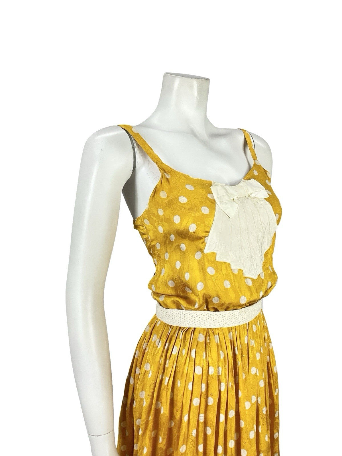 VTG 70S YELLOW GOLD CREAM ART DECO POLKA DOT FLORAL DAMASK STRAPPY DRESS XS 6