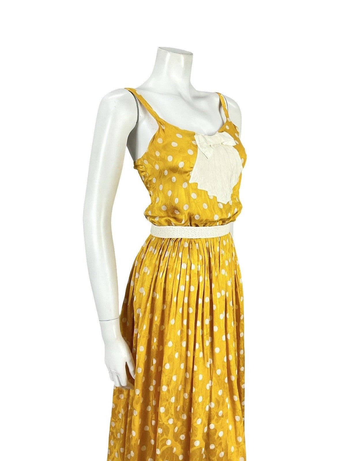 VTG 70S YELLOW GOLD CREAM ART DECO POLKA DOT FLORAL DAMASK STRAPPY DRESS XS 6