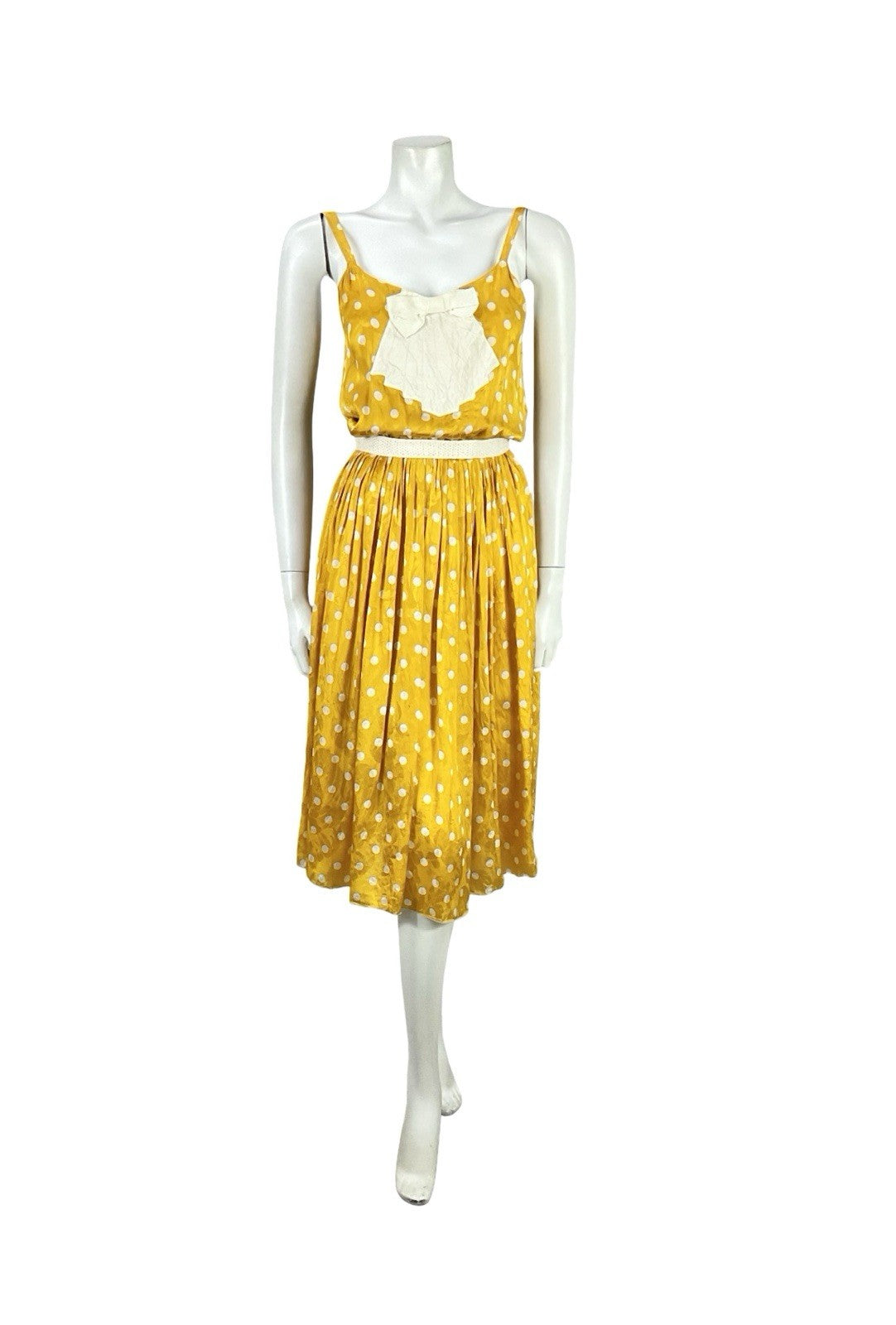 VTG 70S YELLOW GOLD CREAM ART DECO POLKA DOT FLORAL DAMASK STRAPPY DRESS XS 6