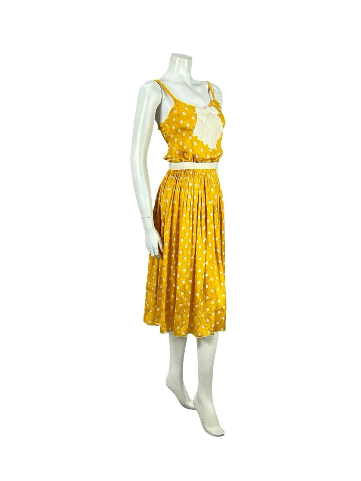VTG 70S YELLOW GOLD CREAM ART DECO POLKA DOT FLORAL DAMASK STRAPPY DRESS XS 6