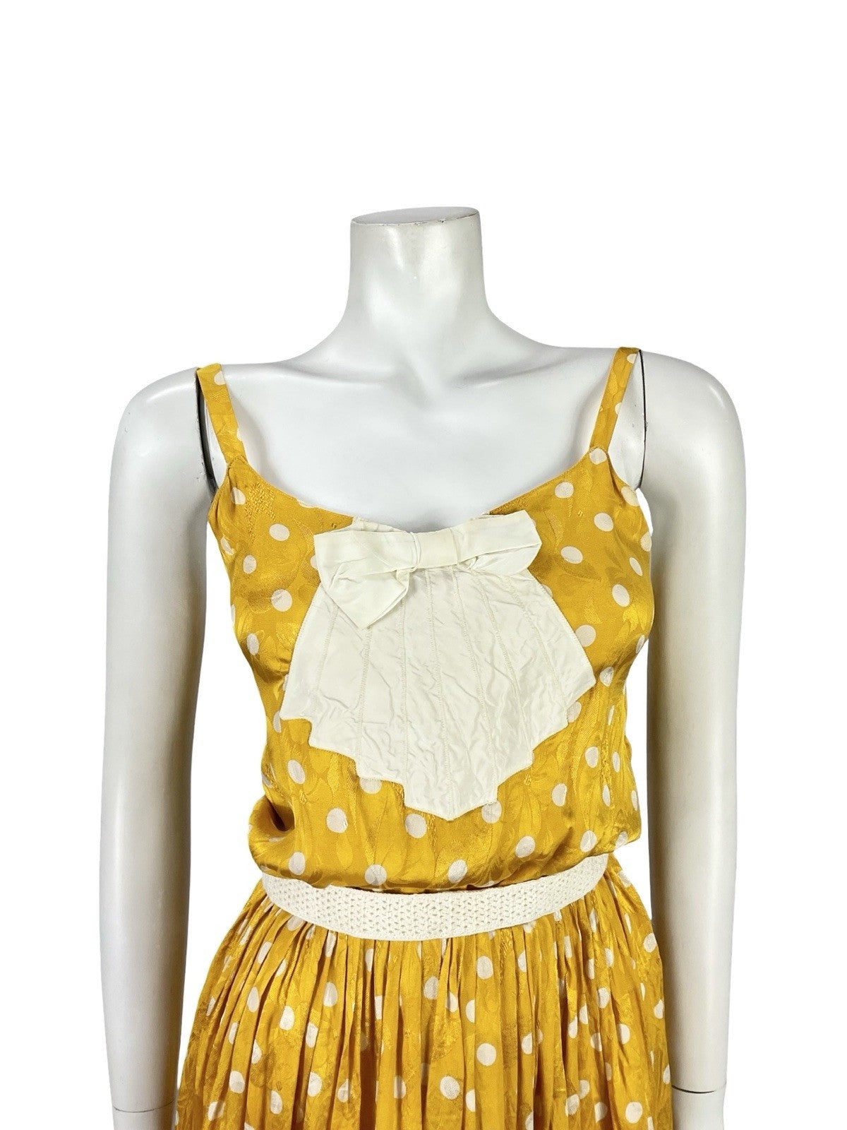 VTG 70S YELLOW GOLD CREAM ART DECO POLKA DOT FLORAL DAMASK STRAPPY DRESS XS 6
