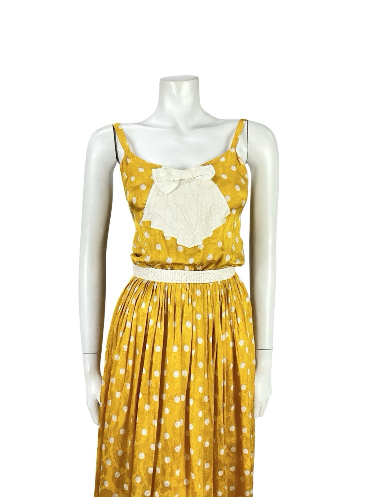 VTG 70S YELLOW GOLD CREAM ART DECO POLKA DOT FLORAL DAMASK STRAPPY DRESS XS 6