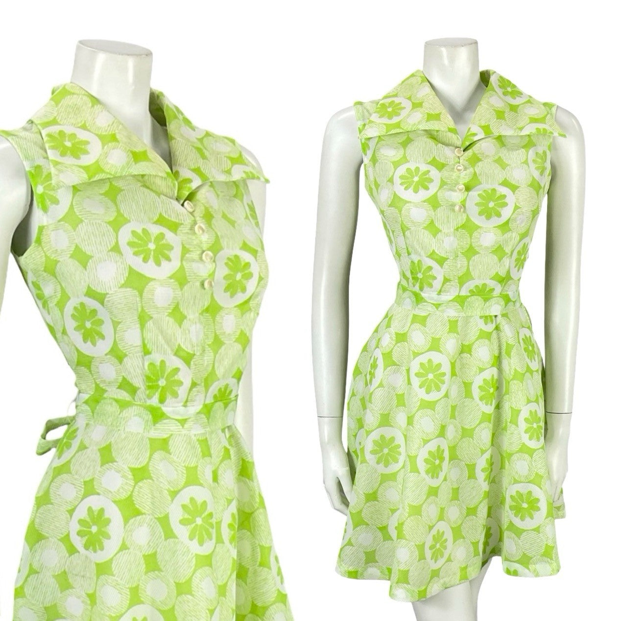 VTG 60S 70S GREEN WHITE MOD DOTTY GEOMETRIC FLORAL DAISY TIE WAIST SHIRT DRESS 8