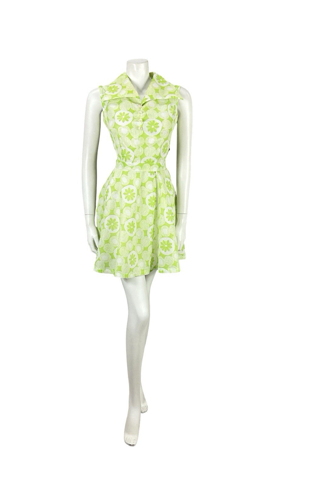 VTG 60S 70S GREEN WHITE MOD DOTTY GEOMETRIC FLORAL DAISY TIE WAIST SHIRT DRESS 8