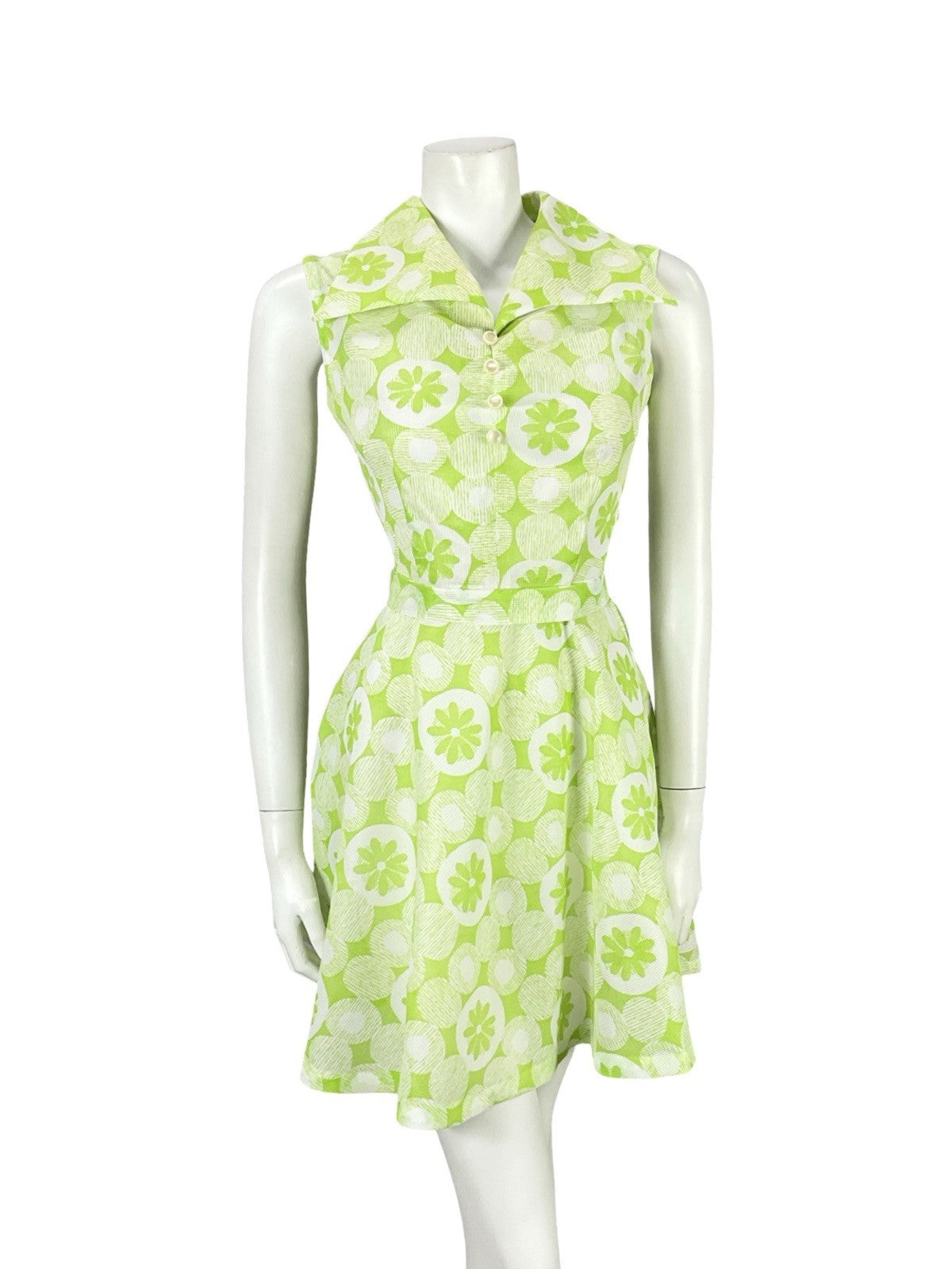 VTG 60S 70S GREEN WHITE MOD DOTTY GEOMETRIC FLORAL DAISY TIE WAIST SHIRT DRESS 8