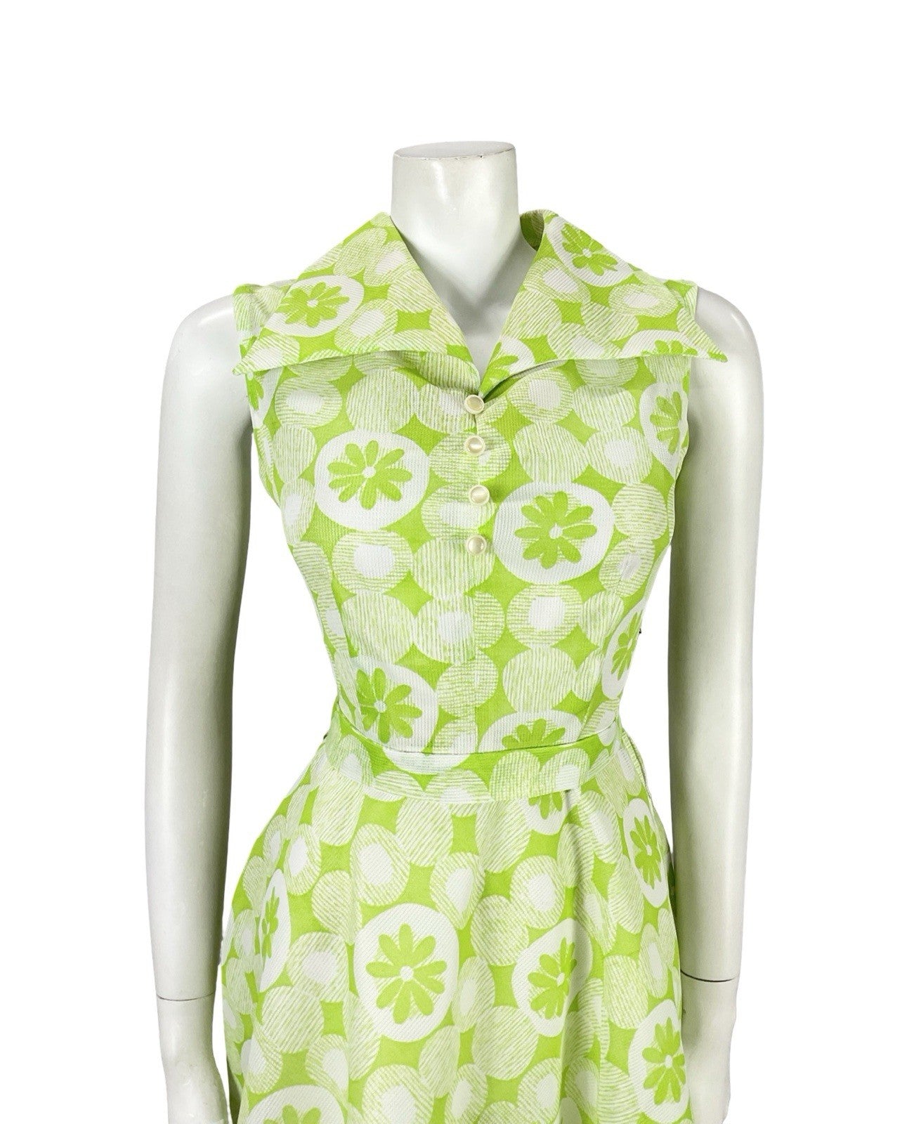 VTG 60S 70S GREEN WHITE MOD DOTTY GEOMETRIC FLORAL DAISY TIE WAIST SHIRT DRESS 8