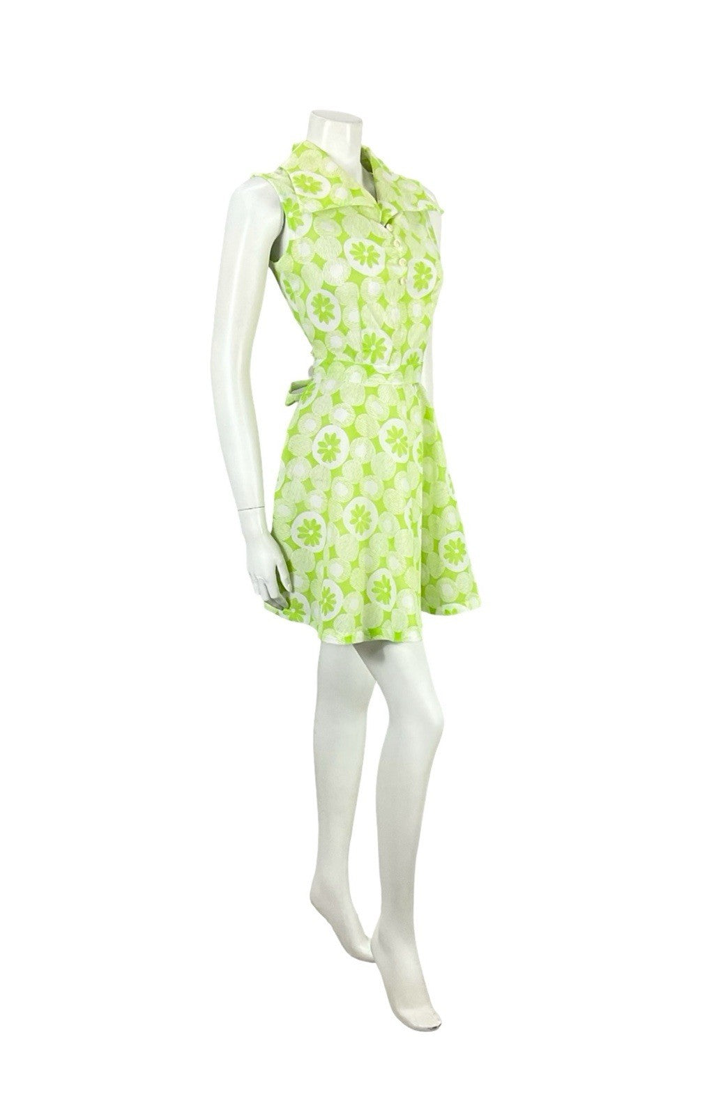 VTG 60S 70S GREEN WHITE MOD DOTTY GEOMETRIC FLORAL DAISY TIE WAIST SHIRT DRESS 8