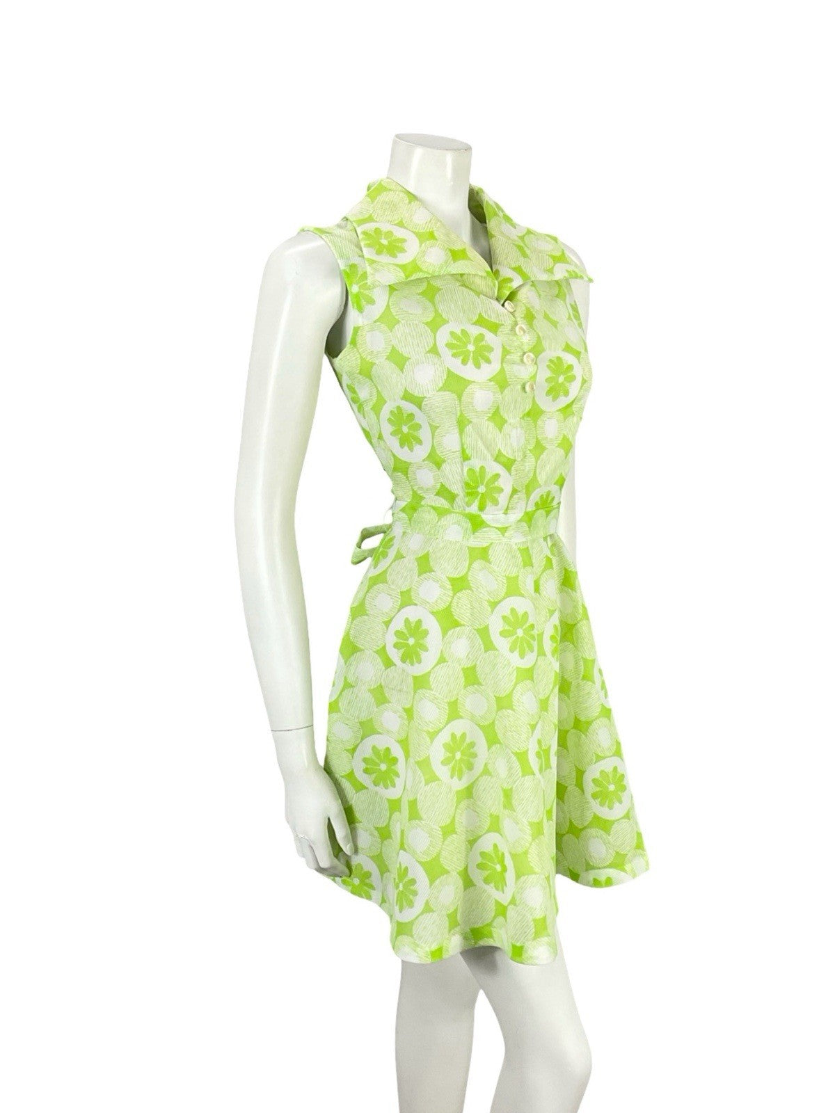 VTG 60S 70S GREEN WHITE MOD DOTTY GEOMETRIC FLORAL DAISY TIE WAIST SHIRT DRESS 8