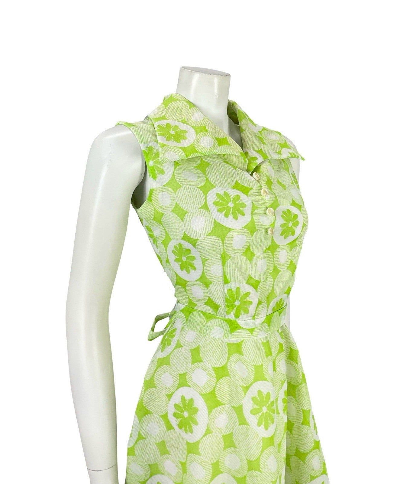 VTG 60S 70S GREEN WHITE MOD DOTTY GEOMETRIC FLORAL DAISY TIE WAIST SHIRT DRESS 8