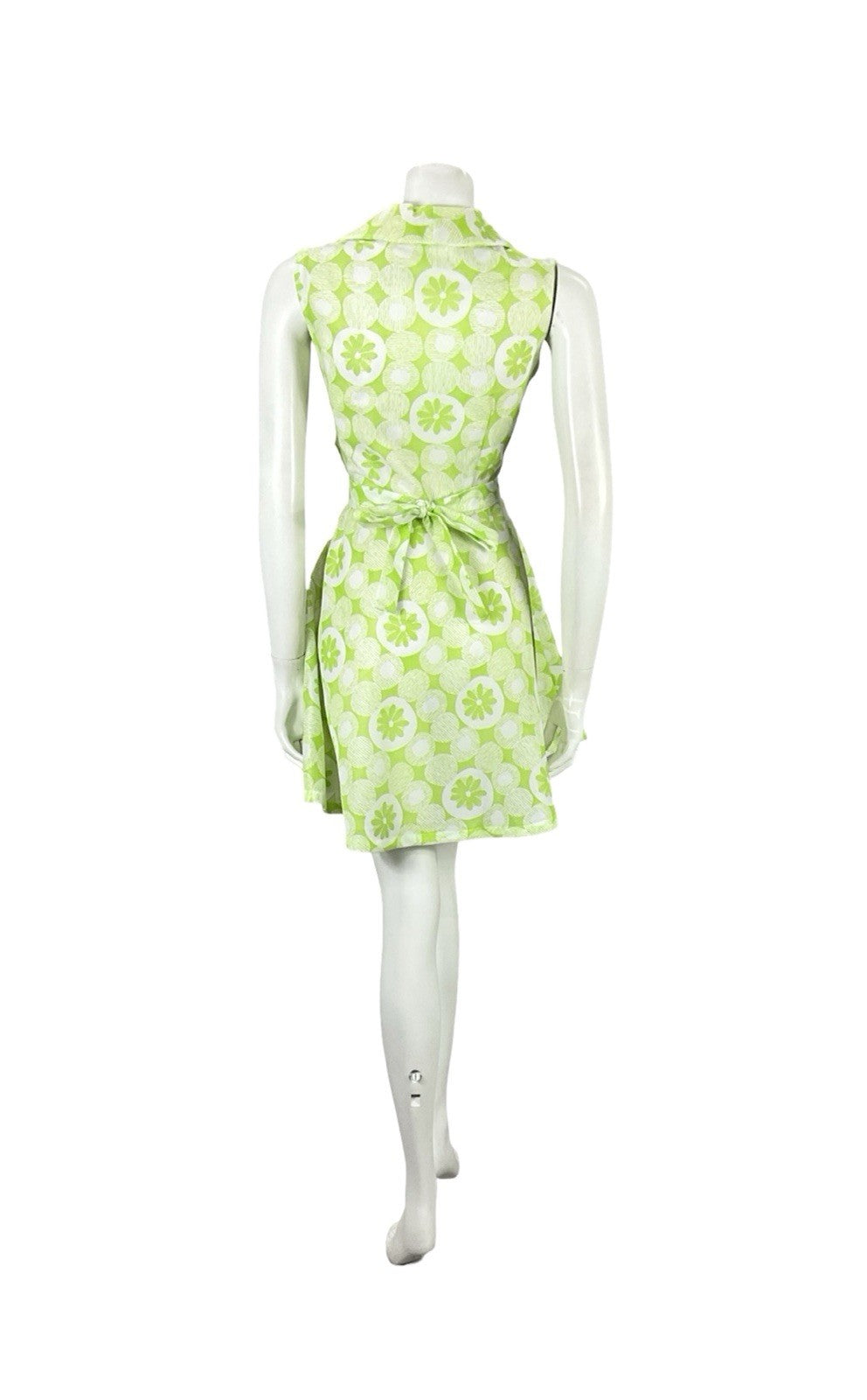 VTG 60S 70S GREEN WHITE MOD DOTTY GEOMETRIC FLORAL DAISY TIE WAIST SHIRT DRESS 8