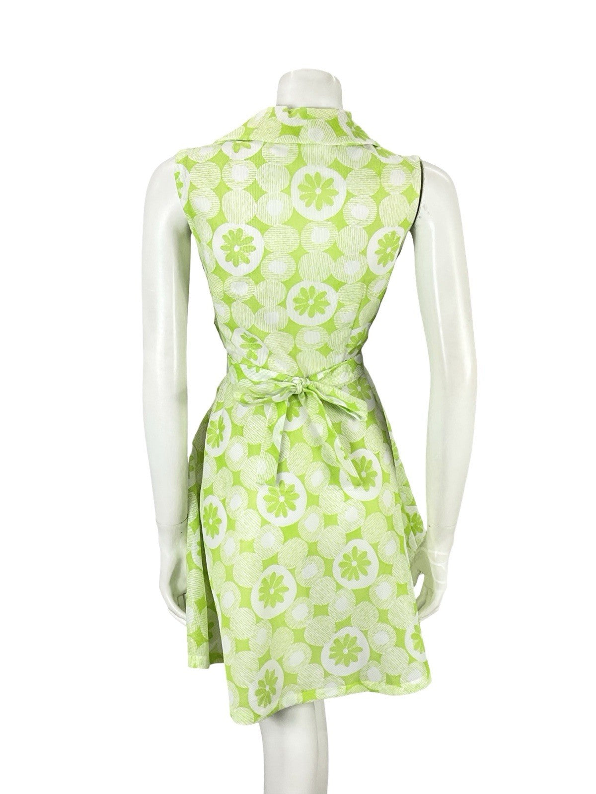 VTG 60S 70S GREEN WHITE MOD DOTTY GEOMETRIC FLORAL DAISY TIE WAIST SHIRT DRESS 8