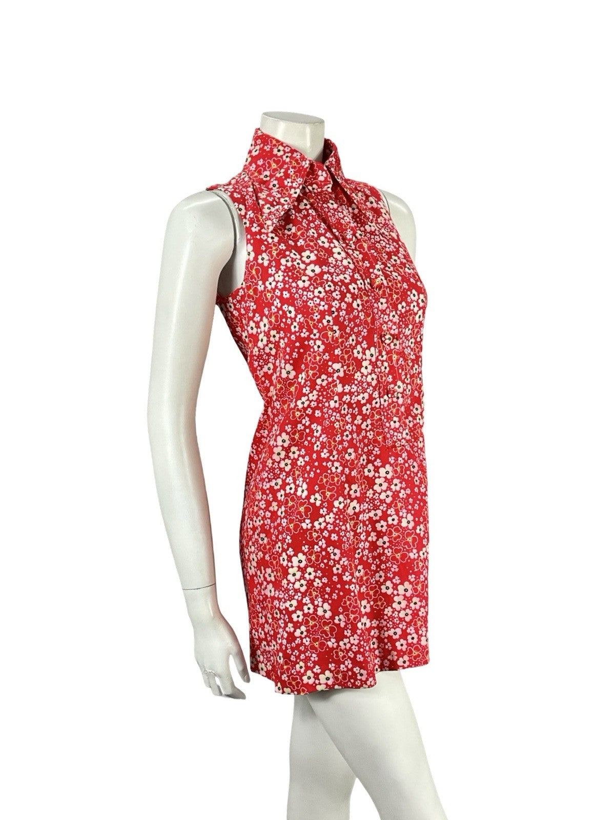 VTG 60S RED WHITE MOD GOGO FLORAL DAGGER COLLAR SHIFT SUPER MINI DRESS 8