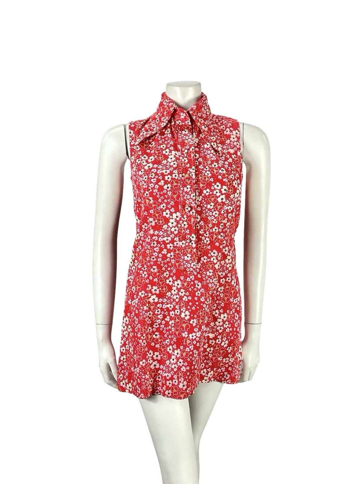 VTG 60S RED WHITE MOD GOGO FLORAL DAGGER COLLAR SHIFT SUPER MINI DRESS 8