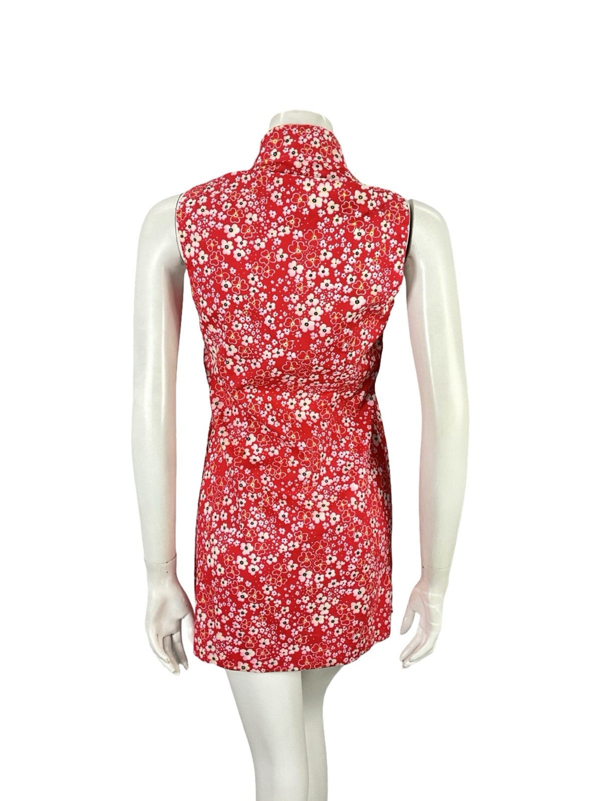 VTG 60S RED WHITE MOD GOGO FLORAL DAGGER COLLAR SHIFT SUPER MINI DRESS 8