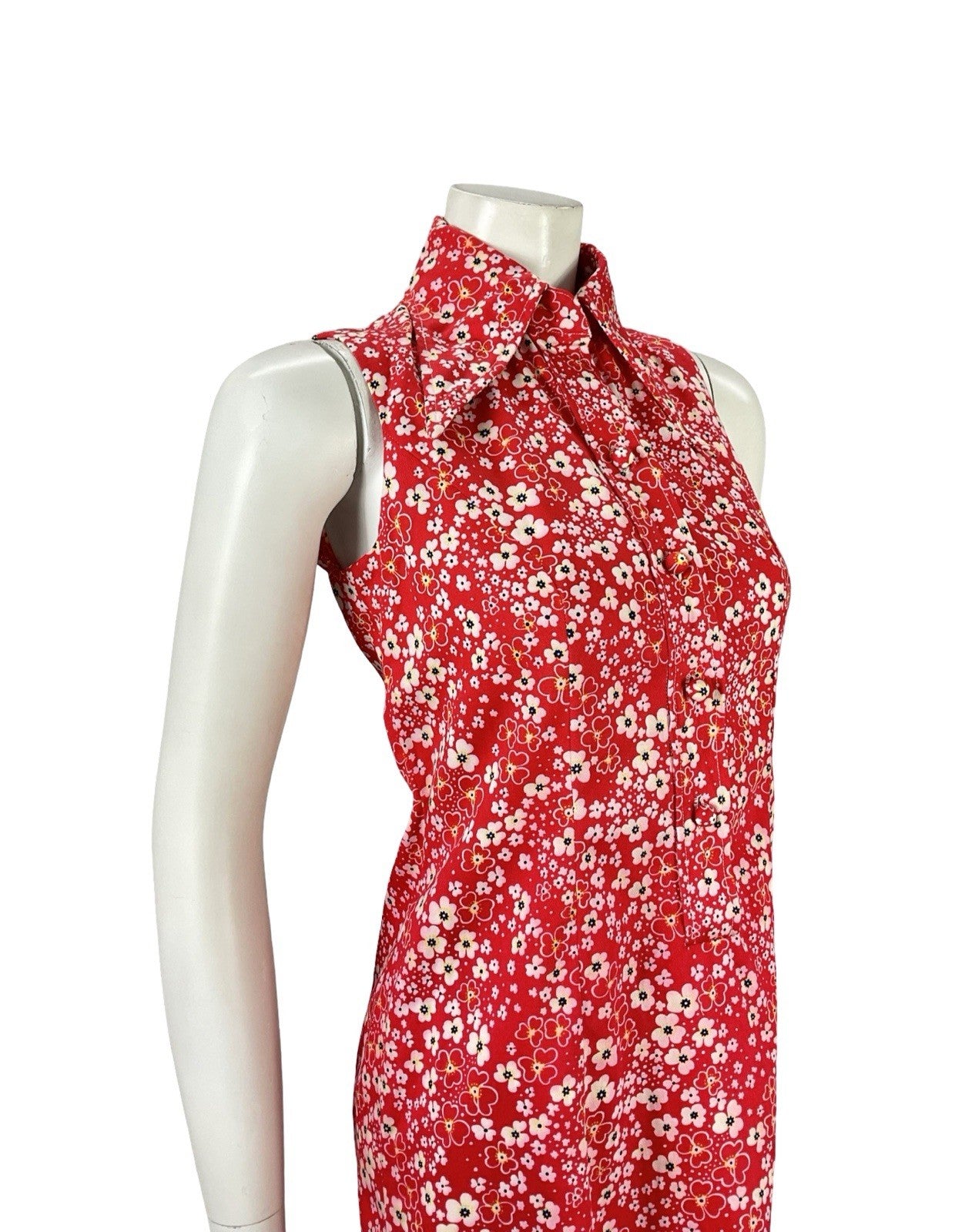 VTG 60S RED WHITE MOD GOGO FLORAL DAGGER COLLAR SHIFT SUPER MINI DRESS 8