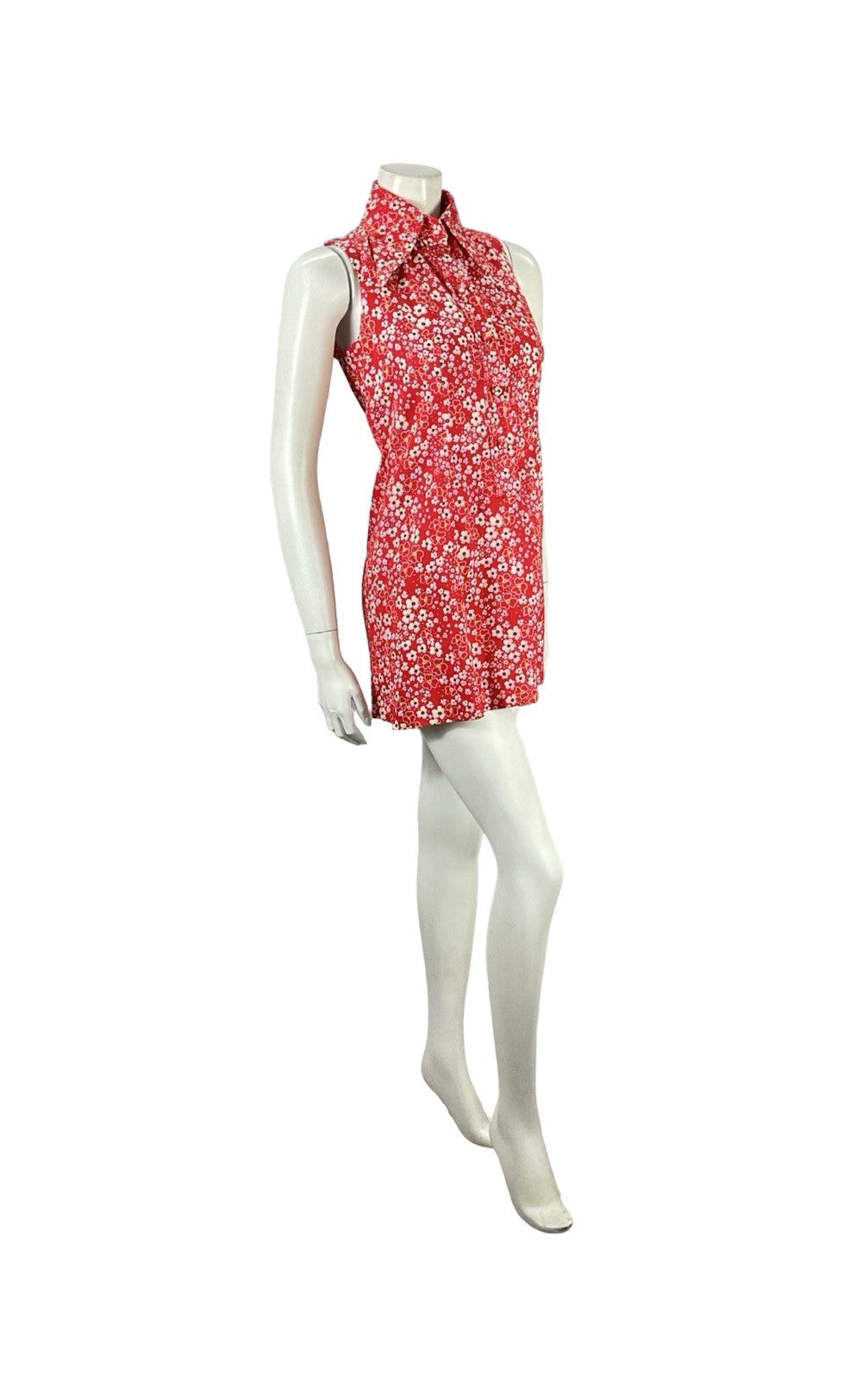 VTG 60S RED WHITE MOD GOGO FLORAL DAGGER COLLAR SHIFT SUPER MINI DRESS 8