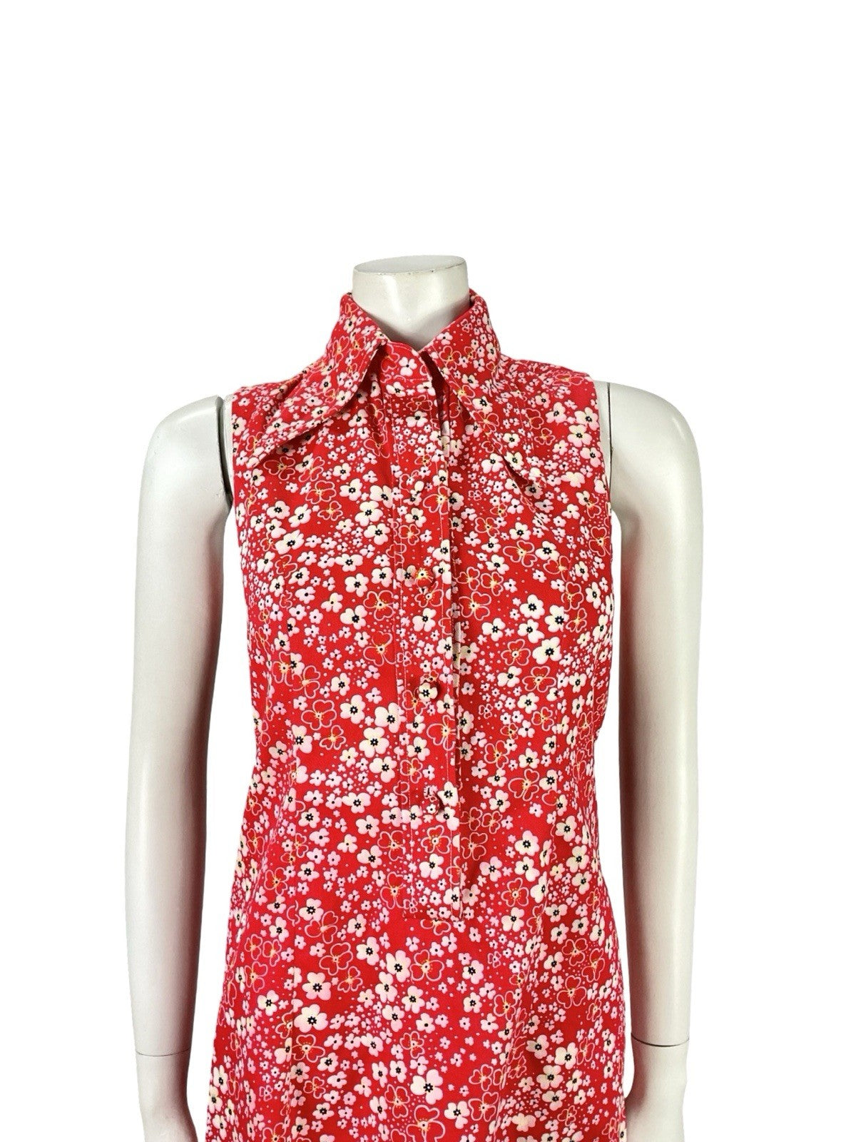 VTG 60S RED WHITE MOD GOGO FLORAL DAGGER COLLAR SHIFT SUPER MINI DRESS 8