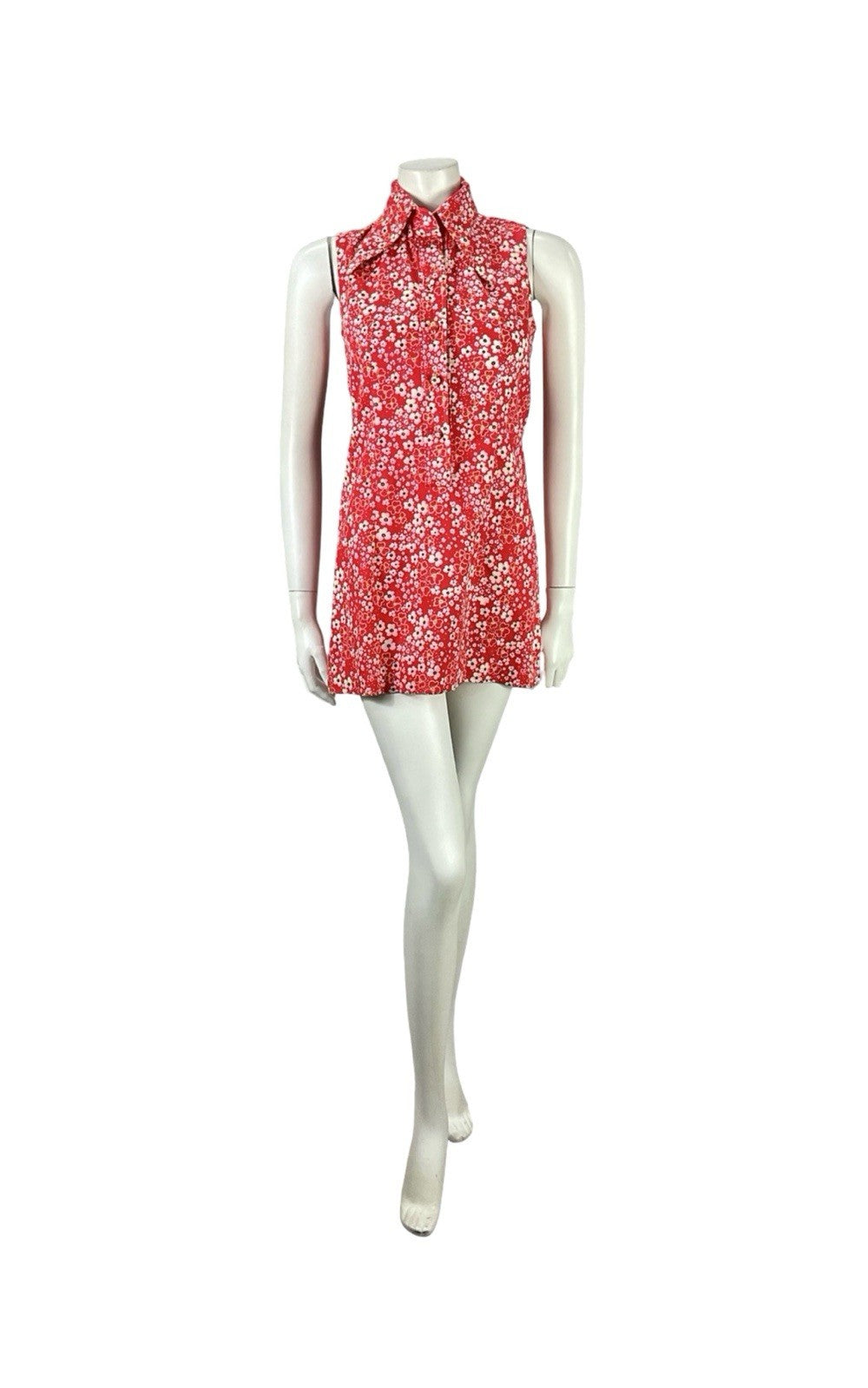 VTG 60S RED WHITE MOD GOGO FLORAL DAGGER COLLAR SHIFT SUPER MINI DRESS 8