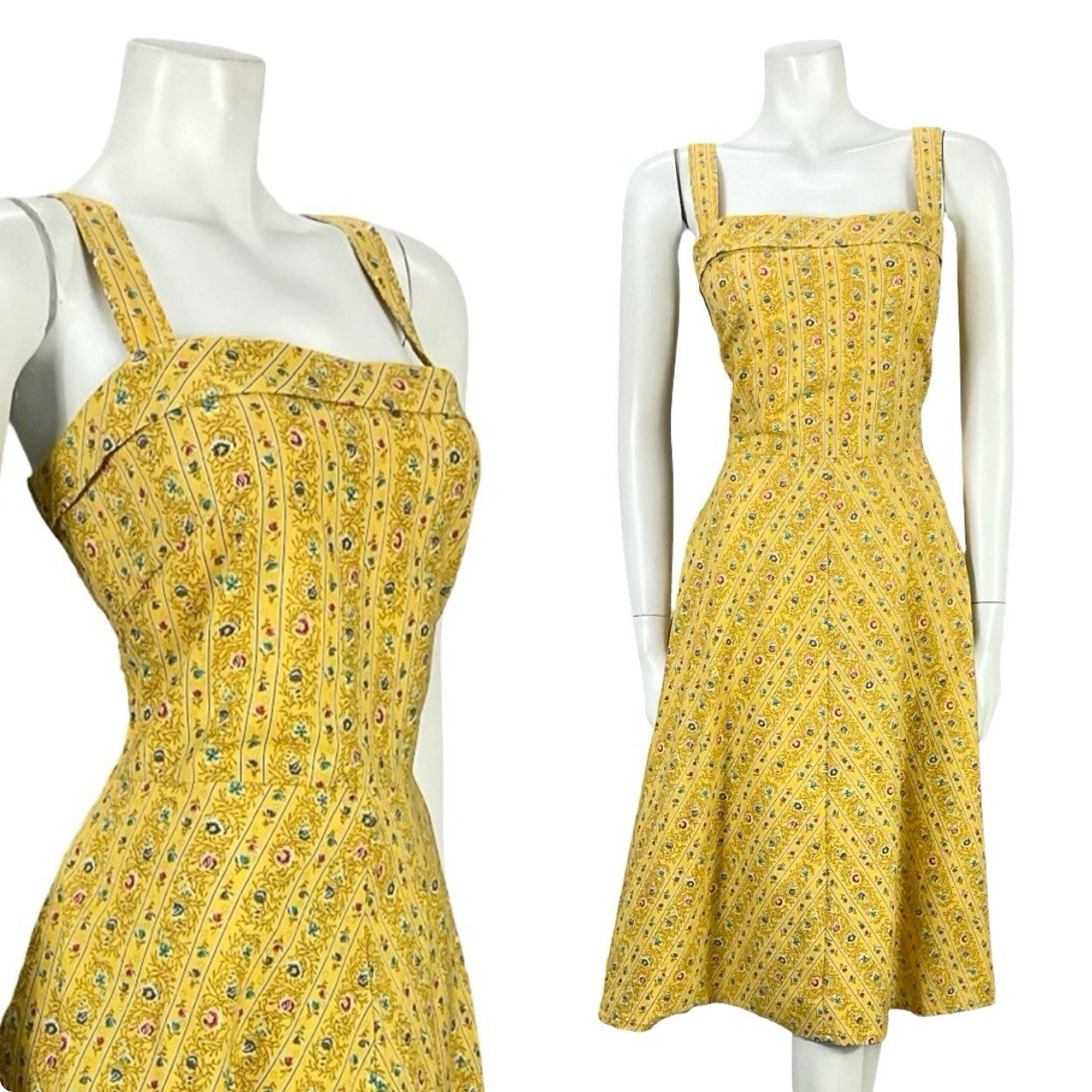 VTG 60S 70S YELLOW BLUE PINK STRAPPY A LINE ROCKABILLY SUN SWING DRESS 14