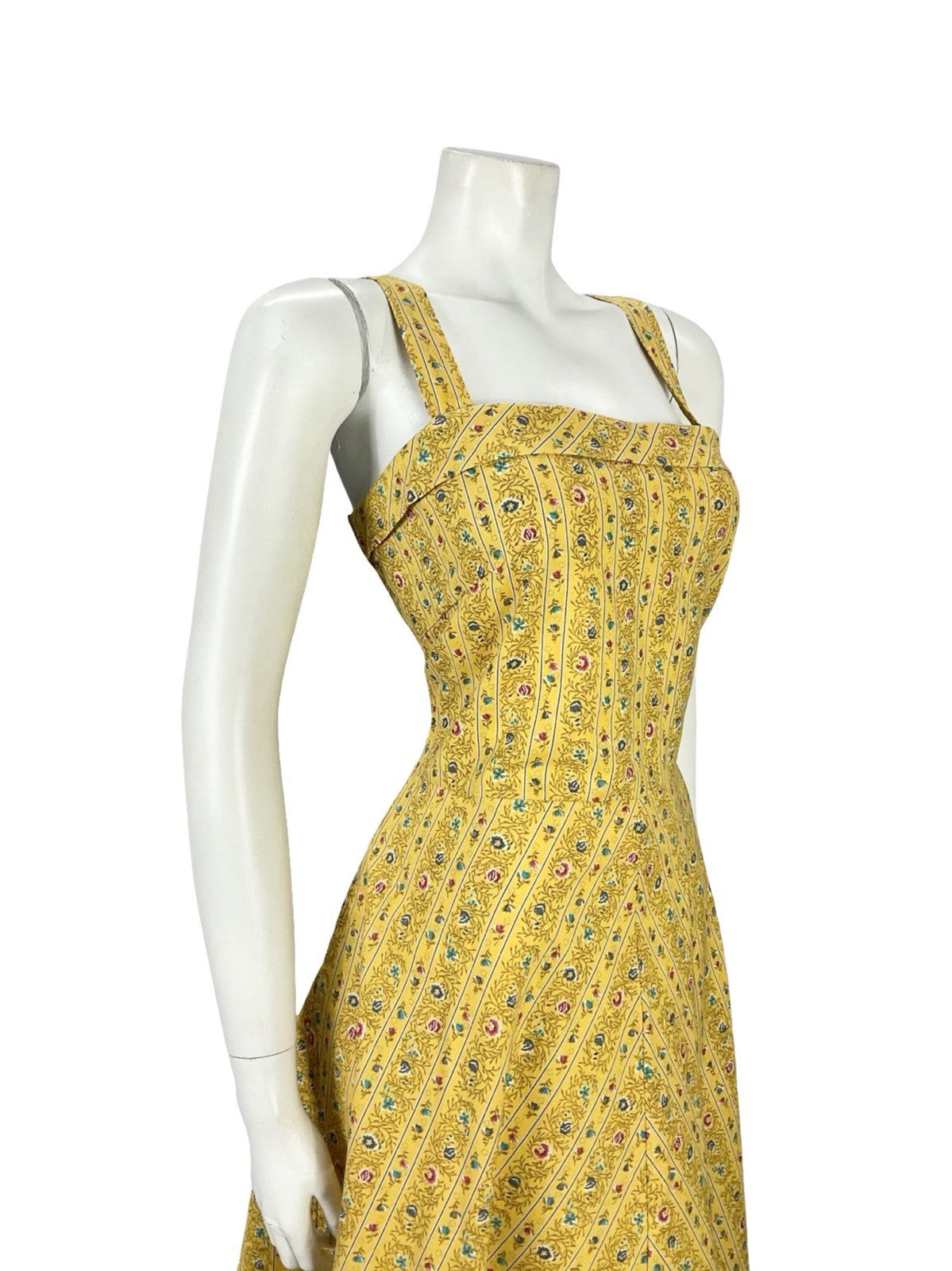 VTG 60S 70S YELLOW BLUE PINK STRAPPY A LINE ROCKABILLY SUN SWING DRESS 14