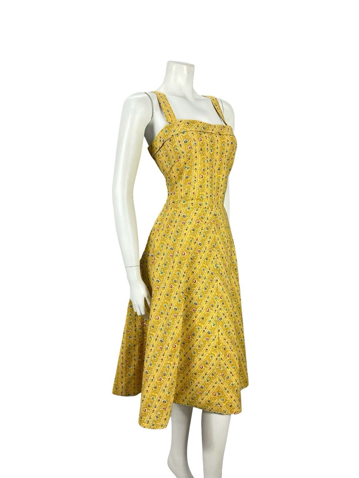 VTG 60S 70S YELLOW BLUE PINK STRAPPY A LINE ROCKABILLY SUN SWING DRESS 14
