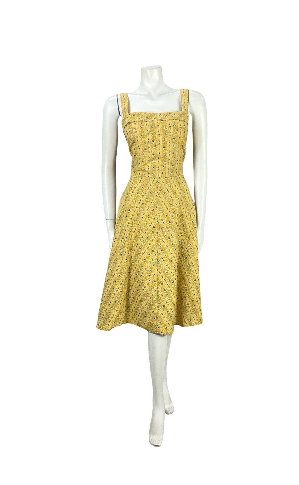 VTG 60S 70S YELLOW BLUE PINK STRAPPY A LINE ROCKABILLY SUN SWING DRESS 14