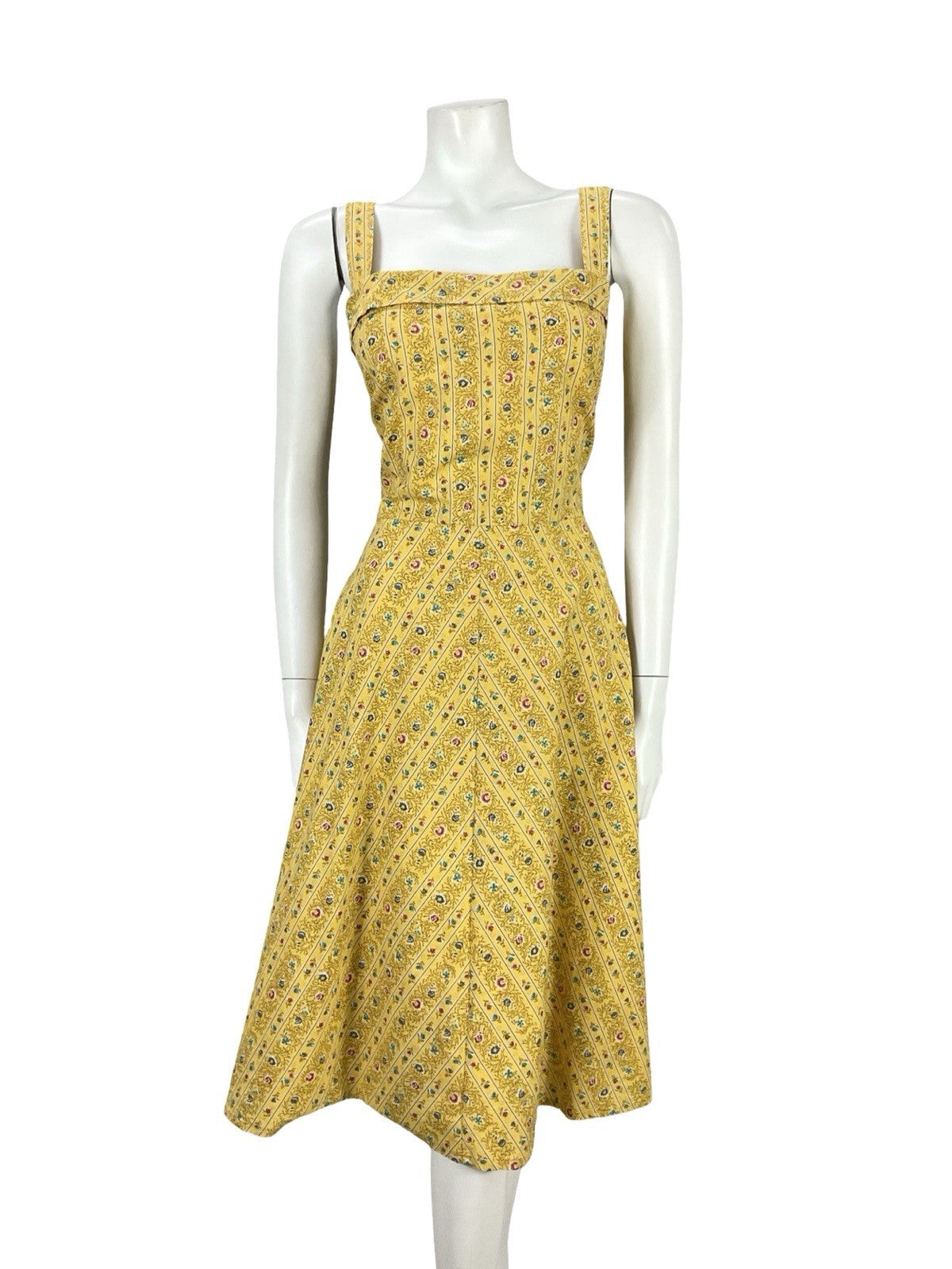 VTG 60S 70S YELLOW BLUE PINK STRAPPY A LINE ROCKABILLY SUN SWING DRESS 14