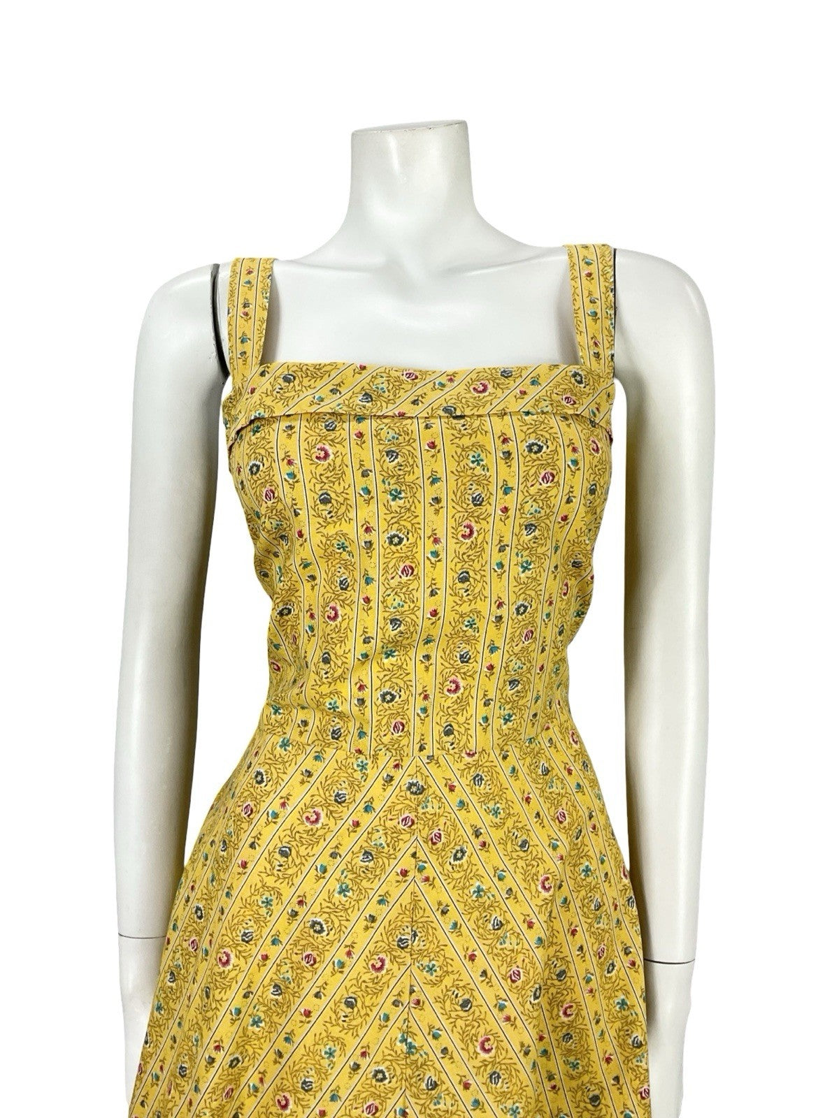 VTG 60S 70S YELLOW BLUE PINK STRAPPY A LINE ROCKABILLY SUN SWING DRESS 14