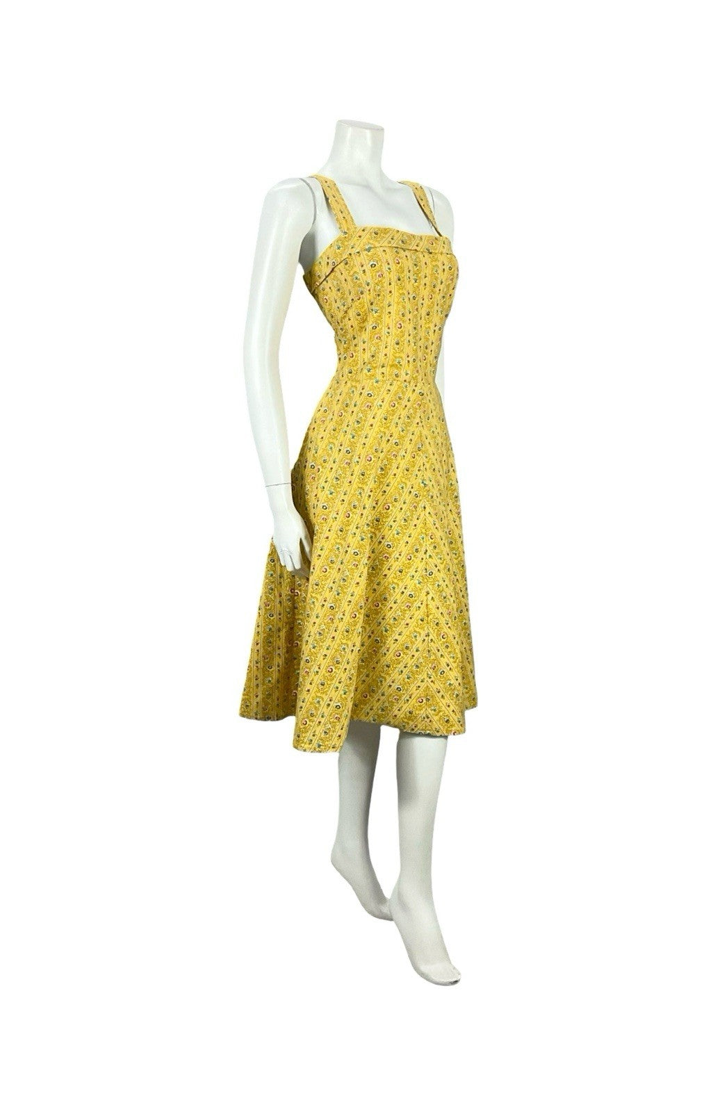 VTG 60S 70S YELLOW BLUE PINK STRAPPY A LINE ROCKABILLY SUN SWING DRESS 14