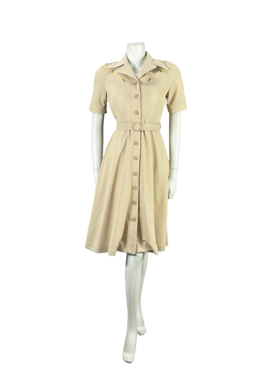 VTG JAPANESE 70S BEIGE YELLOW FLORAL EMBROIDERY A LINE BELTED SHIRT DRESS 8