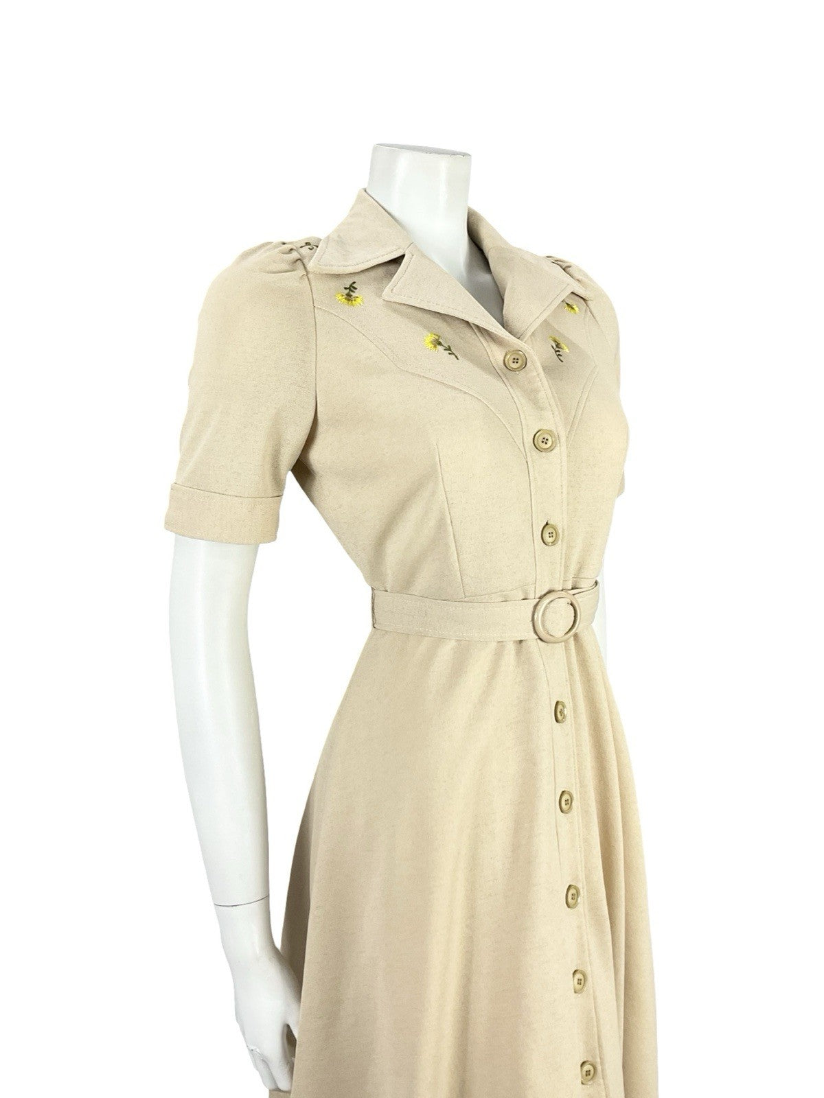 VTG JAPANESE 70S BEIGE YELLOW FLORAL EMBROIDERY A LINE BELTED SHIRT DRESS 8